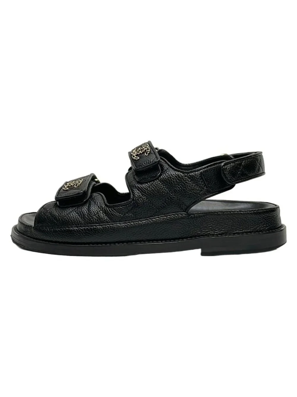 Chanel Sandals 36C Black Velcro CC Logo Gold Leather